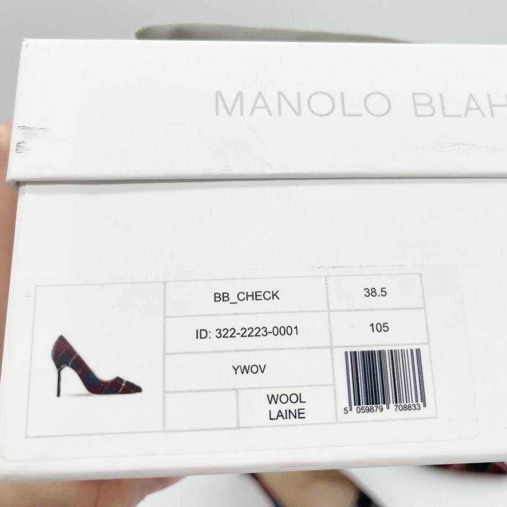 Manolo Blahnik BB Check Plaid Tartan Wool Pointed Toe Stiletto Heels IT 38.5 - Picture 12 of 12